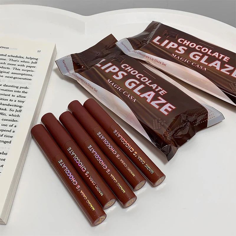 5-Piece Chocolate Matte Lip Glaze Set - Long-Lasting Waterproof Lip Tint - 9