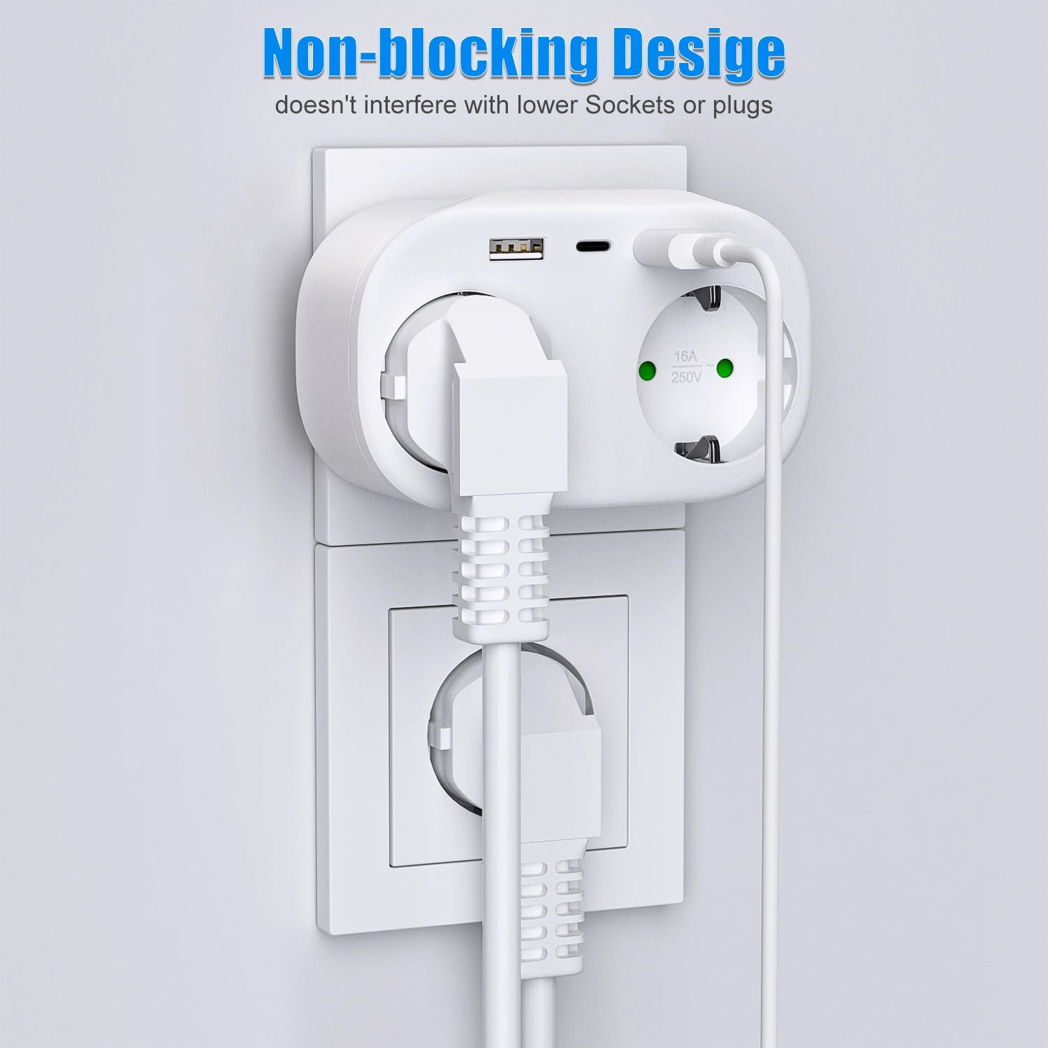 4000W 2-Way EU Wall Power Socket with Dual USB & Type-C Ports - 5