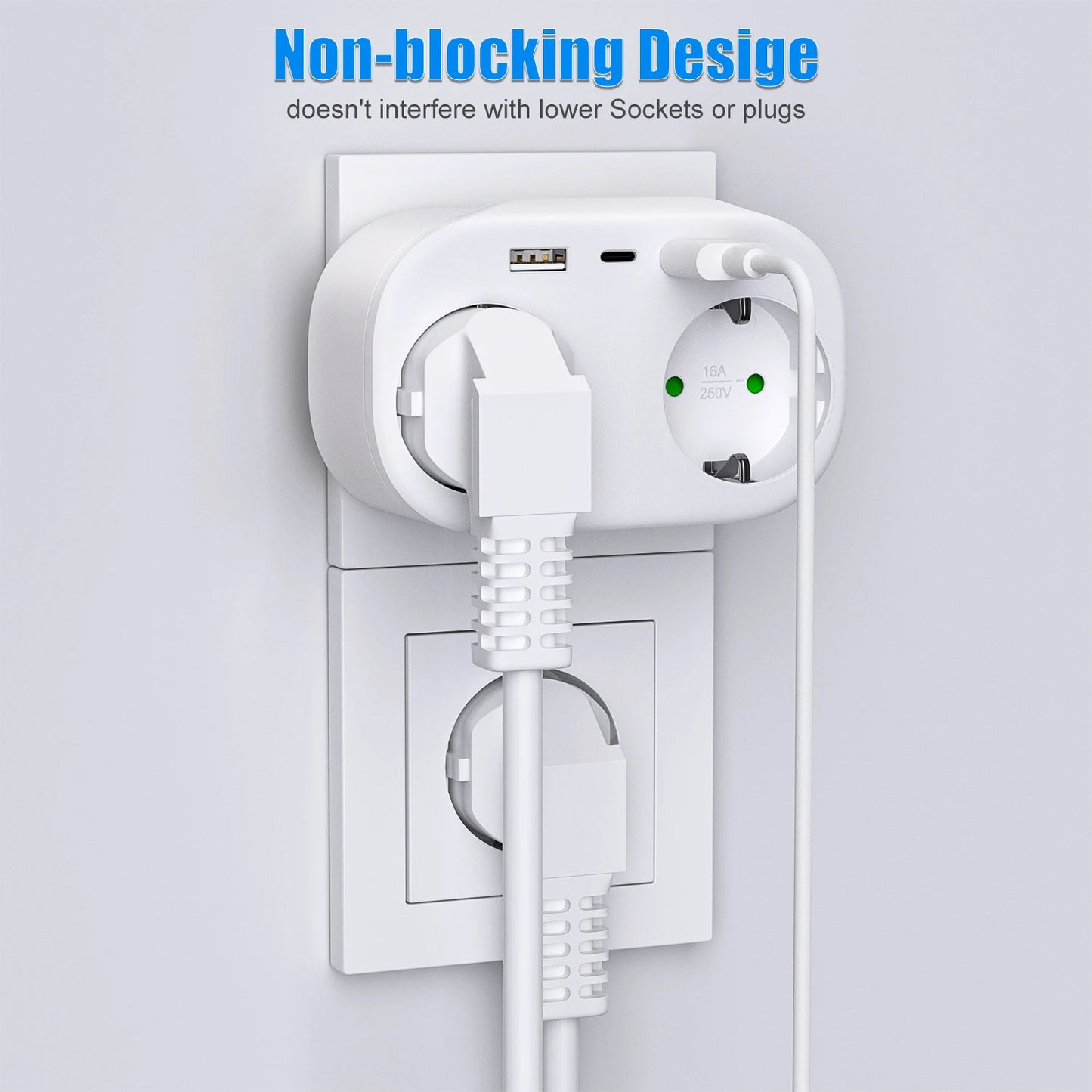 4000W 2-Way EU Wall Power Socket with Dual USB & Type-C Ports