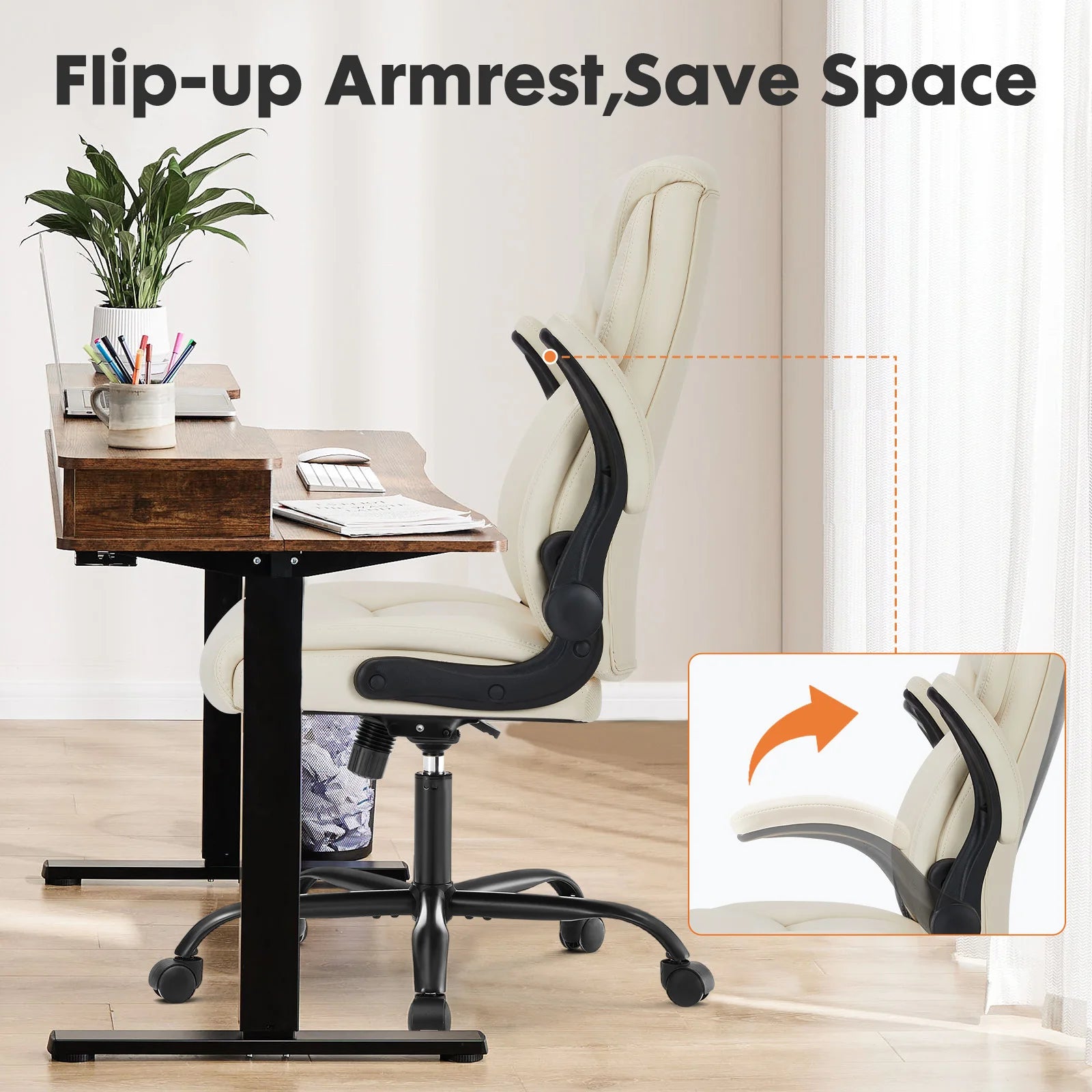 Ergonomic PU Leather Office Desk Chair with Flip-Up Arms & Lumbar Support - 5