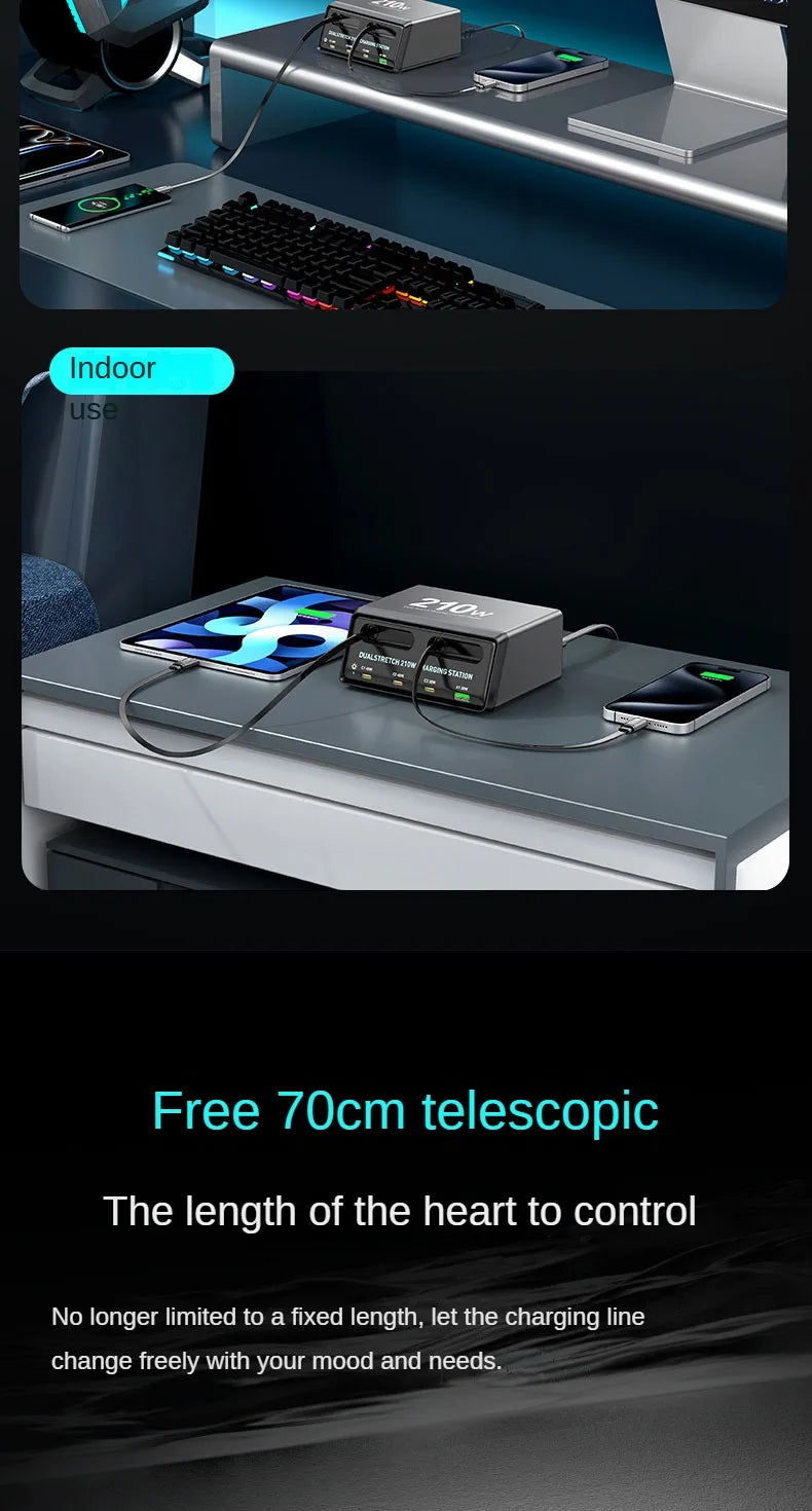 6-in-1 Retractable Fast Charging Station 210W USB-C Desktop Power Hub