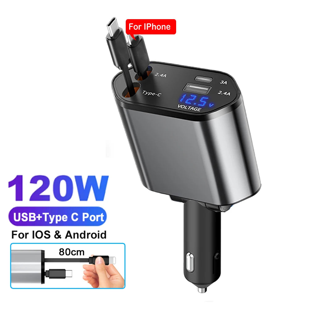 4-in-1 Retractable Car Charger - 120W Fast Charging with Voltage Display for iPhone & Samsung - 16