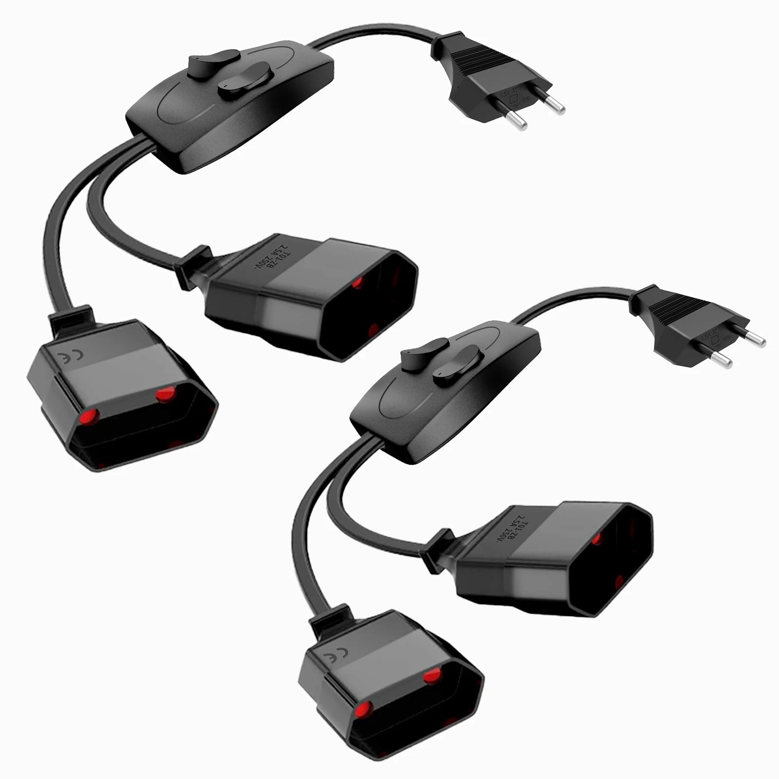 German Standard Dual Socket Extension Cable - Compact 2-Way Power Splitter - 13