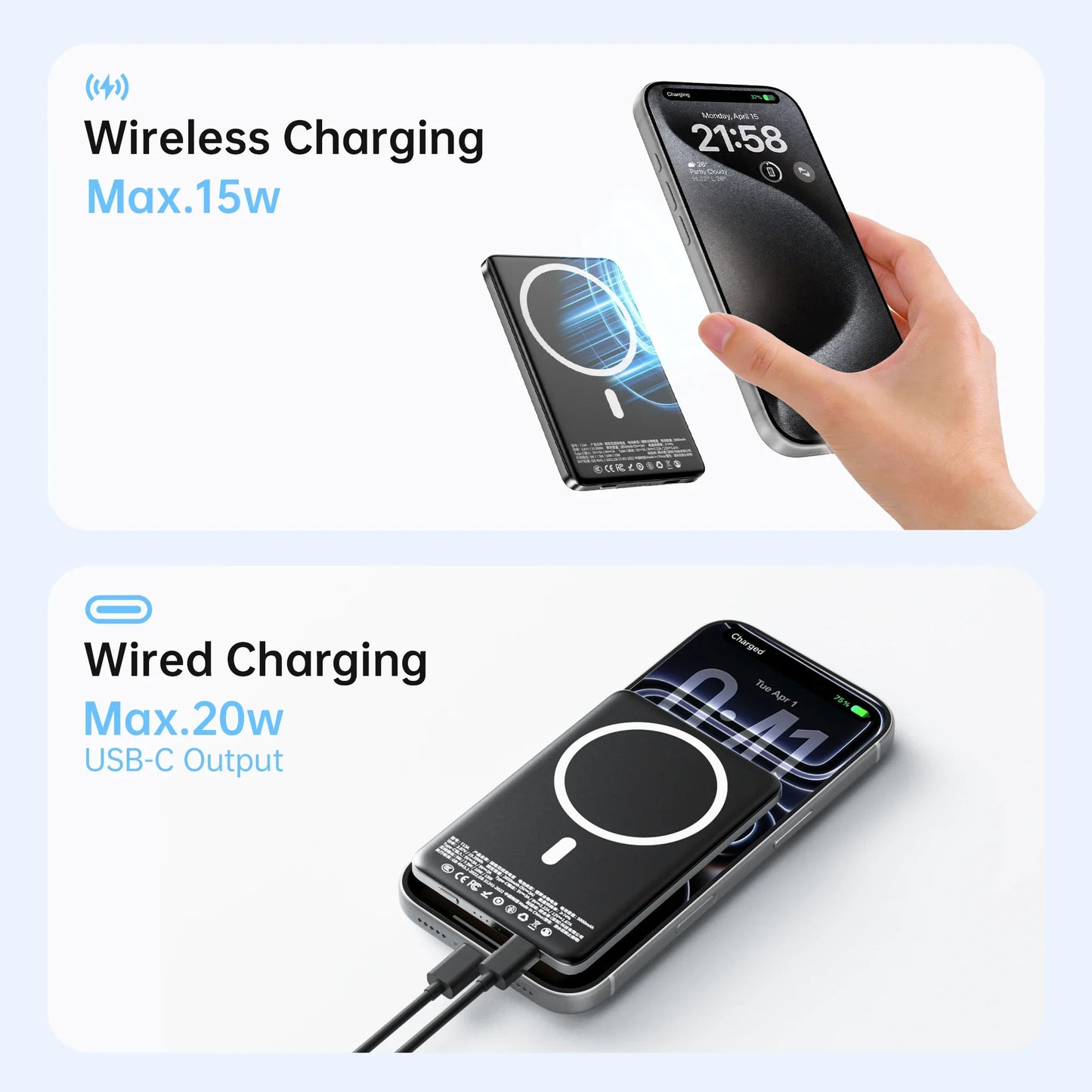 Magnetic Wireless Power Bank 20W Fast Charging Slim Metal Battery Pack