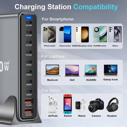 800W 10-Port GaN Fast Charging Station for iPhone, Samsung, and MacBook