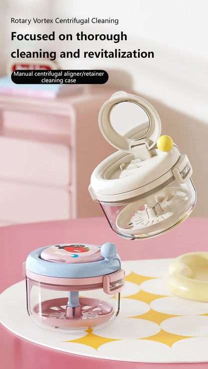 Rotary Denture Cleaning Case with Drainage Tray and Mirror