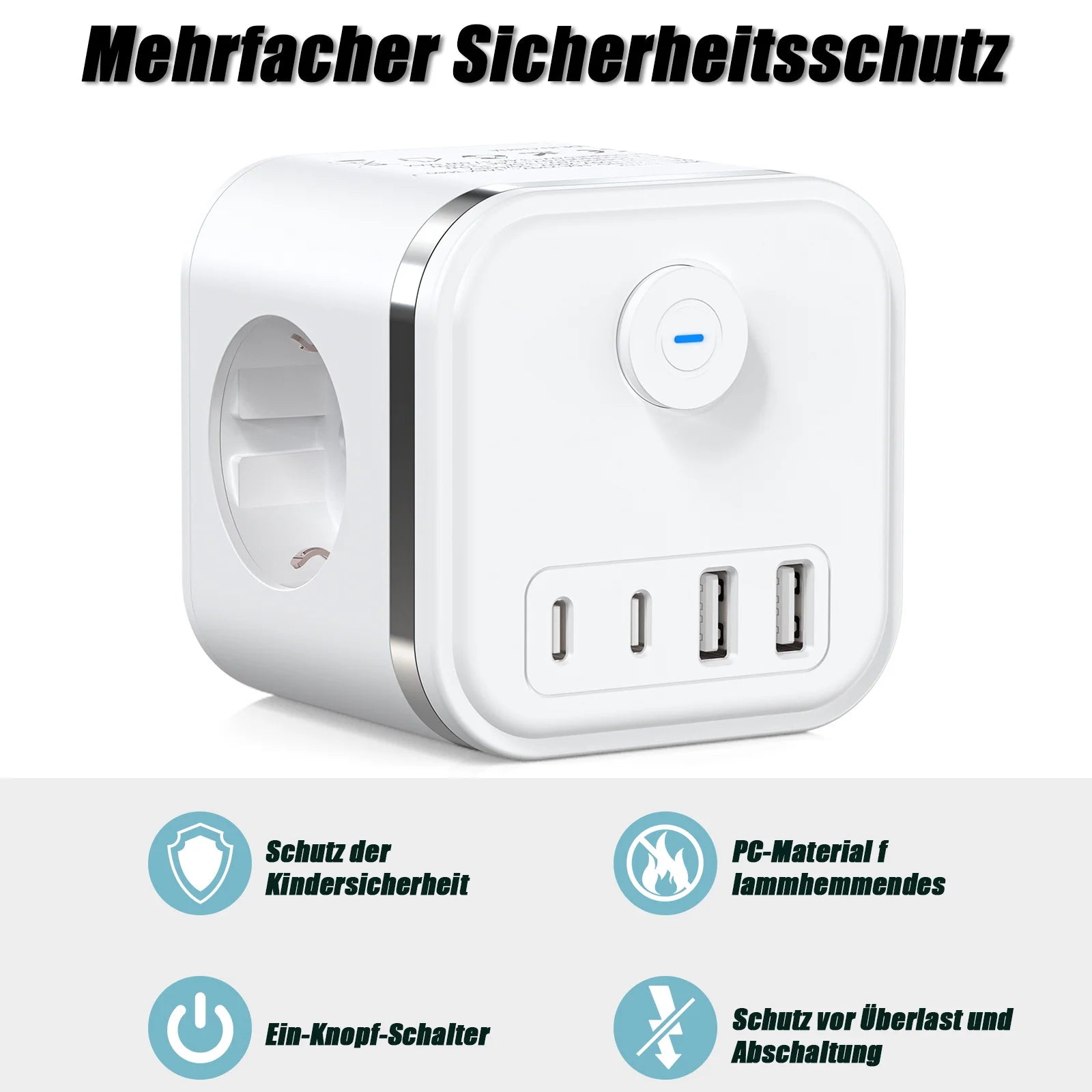 7-in-1 European Power Strip Cube with 4 USB/Type-C Fast Charging Ports - 9
