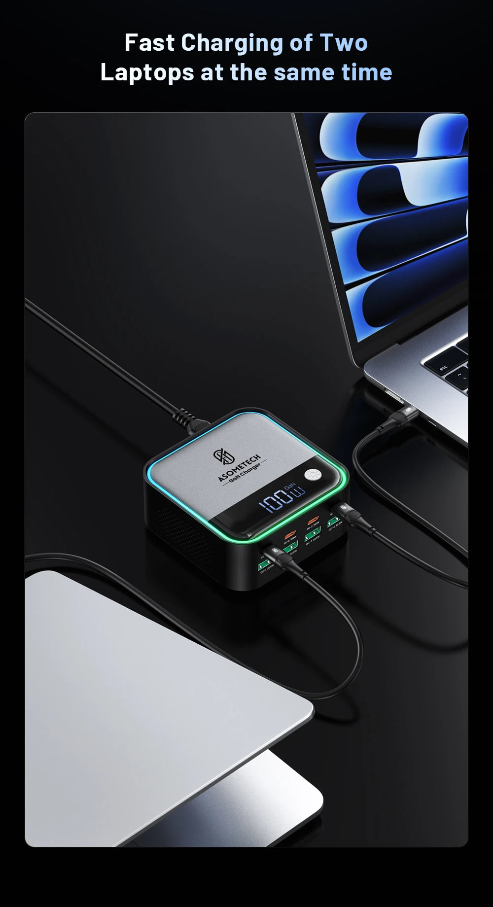 100W GaN 8-Port Desktop USB Charger with LED Digital Display & Lighting - 10