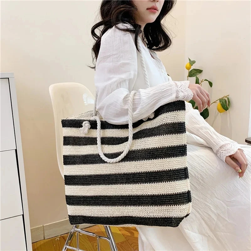 Luxury Striped Straw Beach Tote