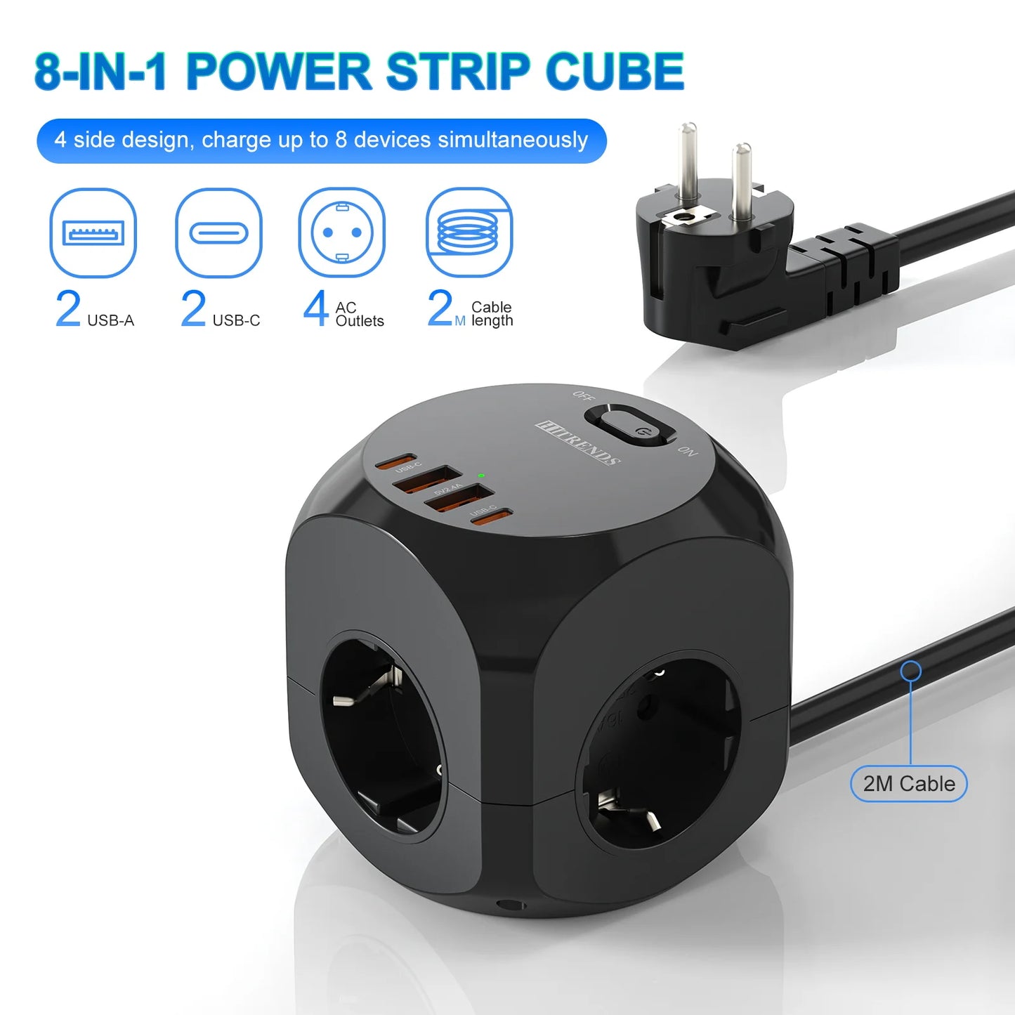 4-Way Cube Power Strip with USB-C & USB-A Fast Charging - 2M Extension Cord