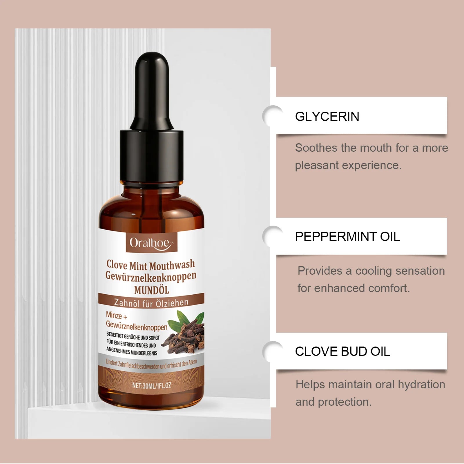 Clove Mint Oral Rinse & Teeth Whitening Oil - Natural Plaque & Bad Breath Remover - 14