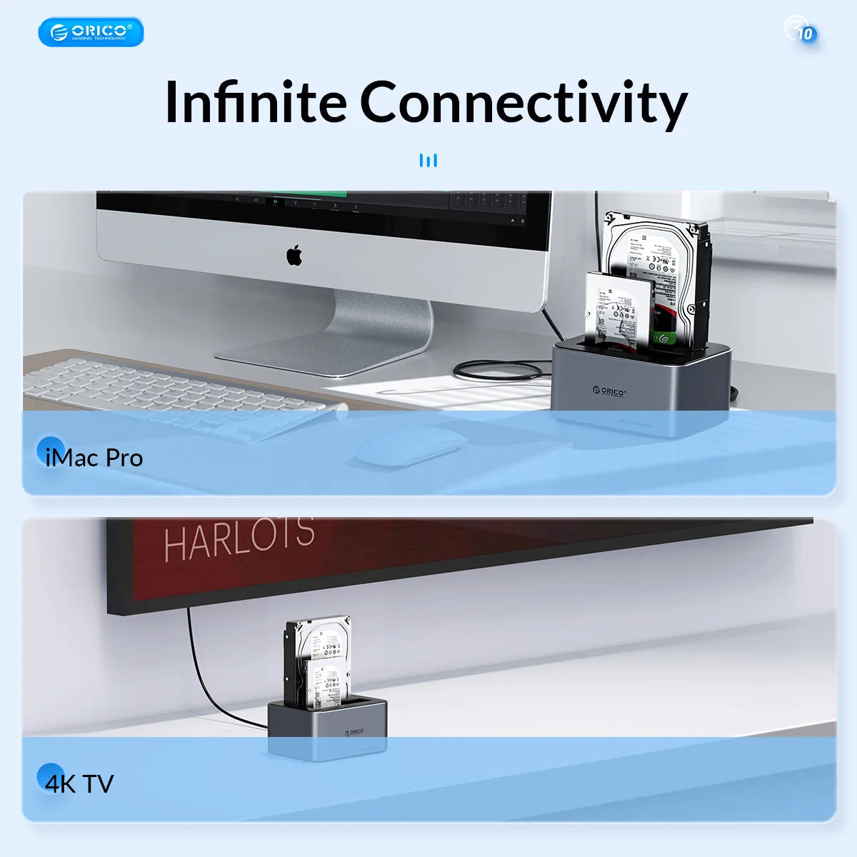 ORICO Dual-Bay Hard Drive Docking Station, 10Gbps Type-C for 2.5/3.5" HDD/SSD - 19