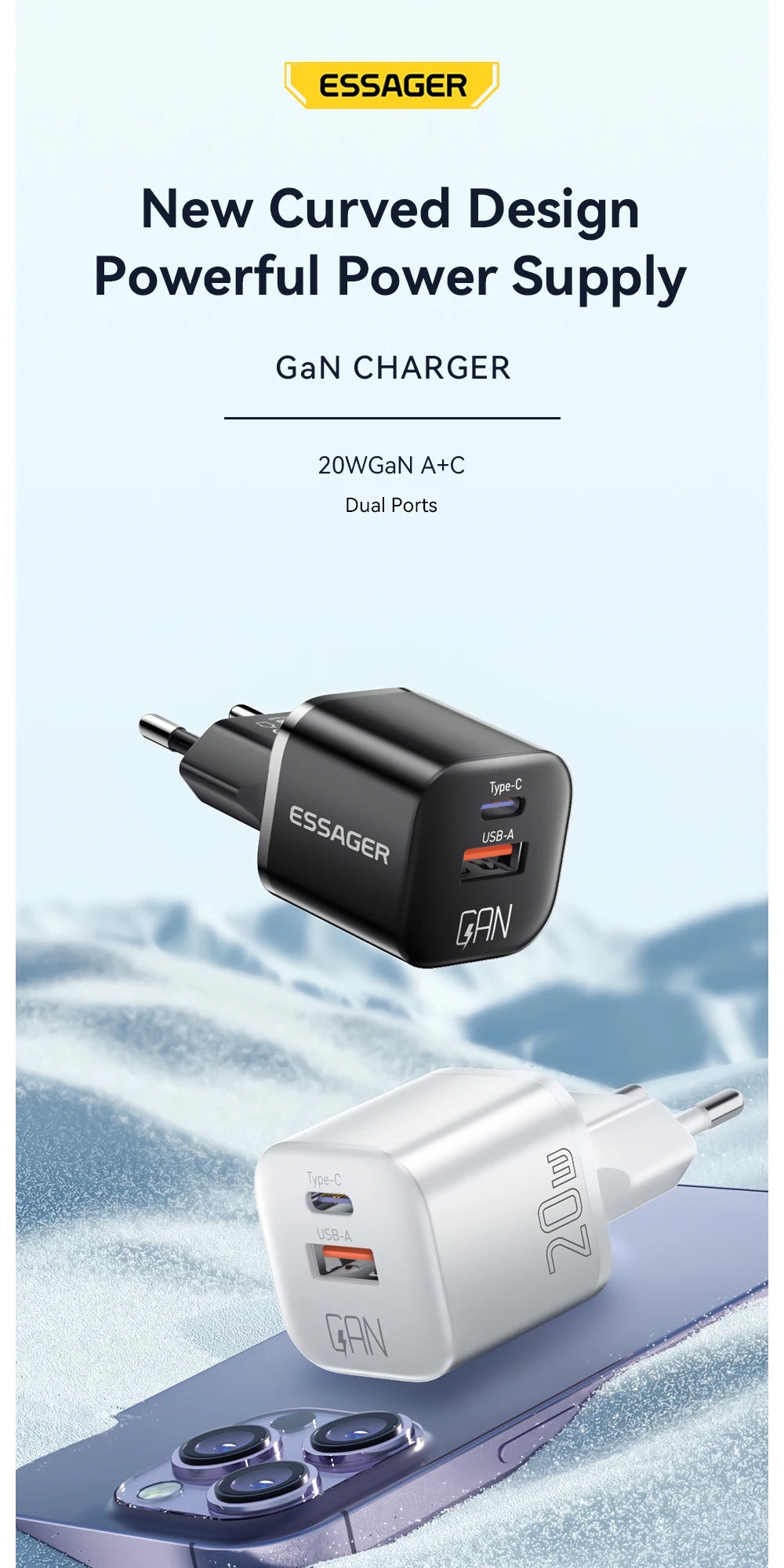20W GaN Dual Port USB-C Fast Charger for iPhone & Android Devices - 9
