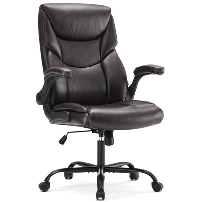 Ergonomic PU Leather Office Desk Chair with Flip-Up Arms & Lumbar Support