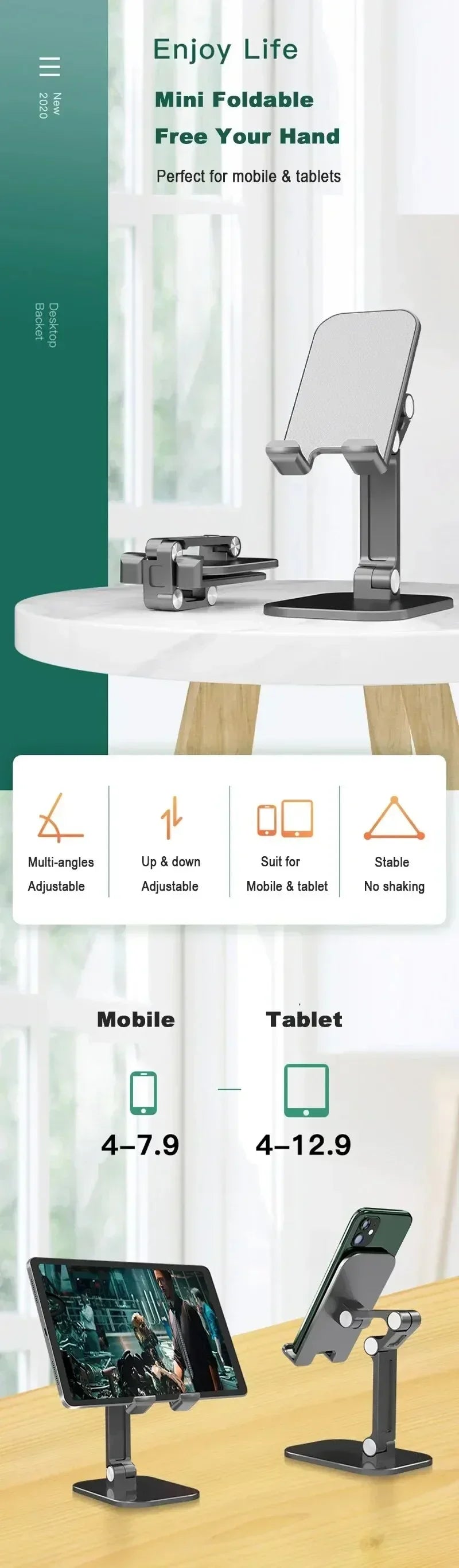 Foldable Desktop Phone & Tablet Stand - Adjustable Universal Holder