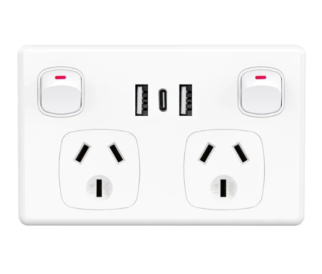 Australian Standard Dual Wall Socket with USB Ports & 2-Gang Switch - 13