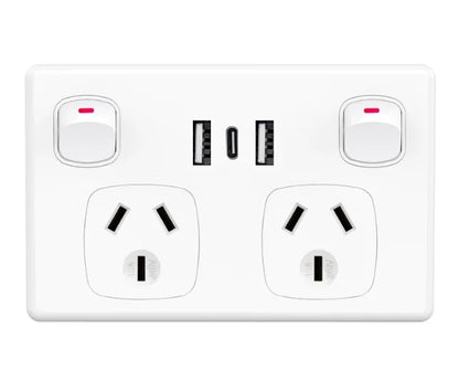 Australian Standard Dual Wall Socket with USB Ports & 2-Gang Switch