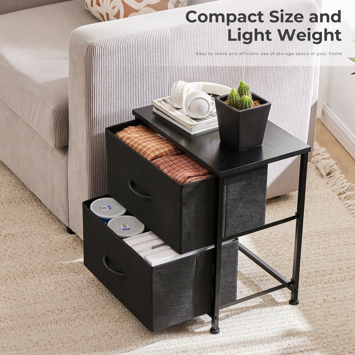 Modern 2-Drawer Nightstand with Sturdy Metal Frame & Wooden Top