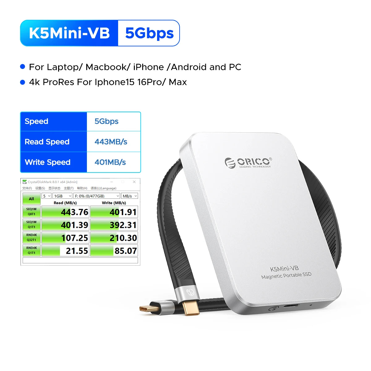 ORICO K5MINI Portable SSD 480GB - High-Speed External Drive for iPhone - 15
