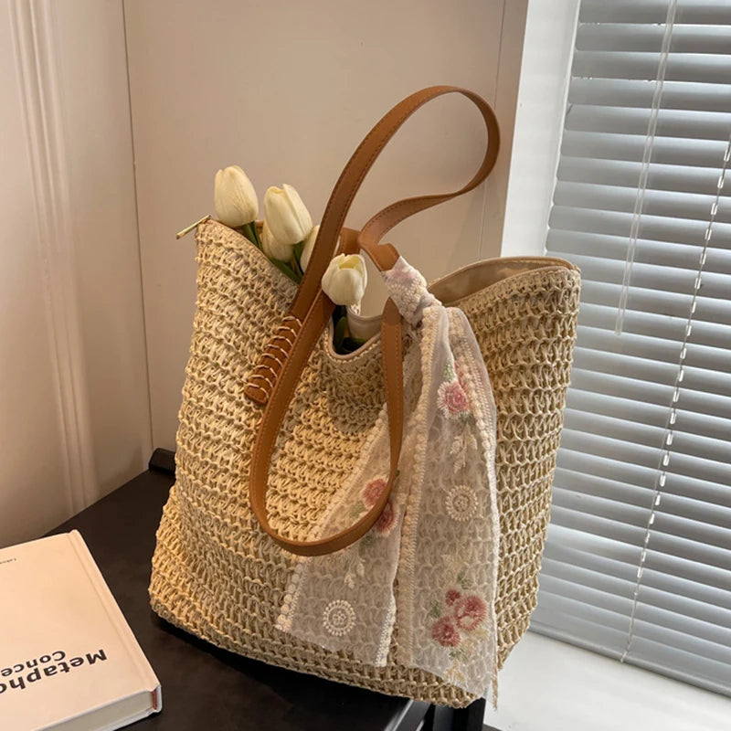 Lace Woven Straw Tote