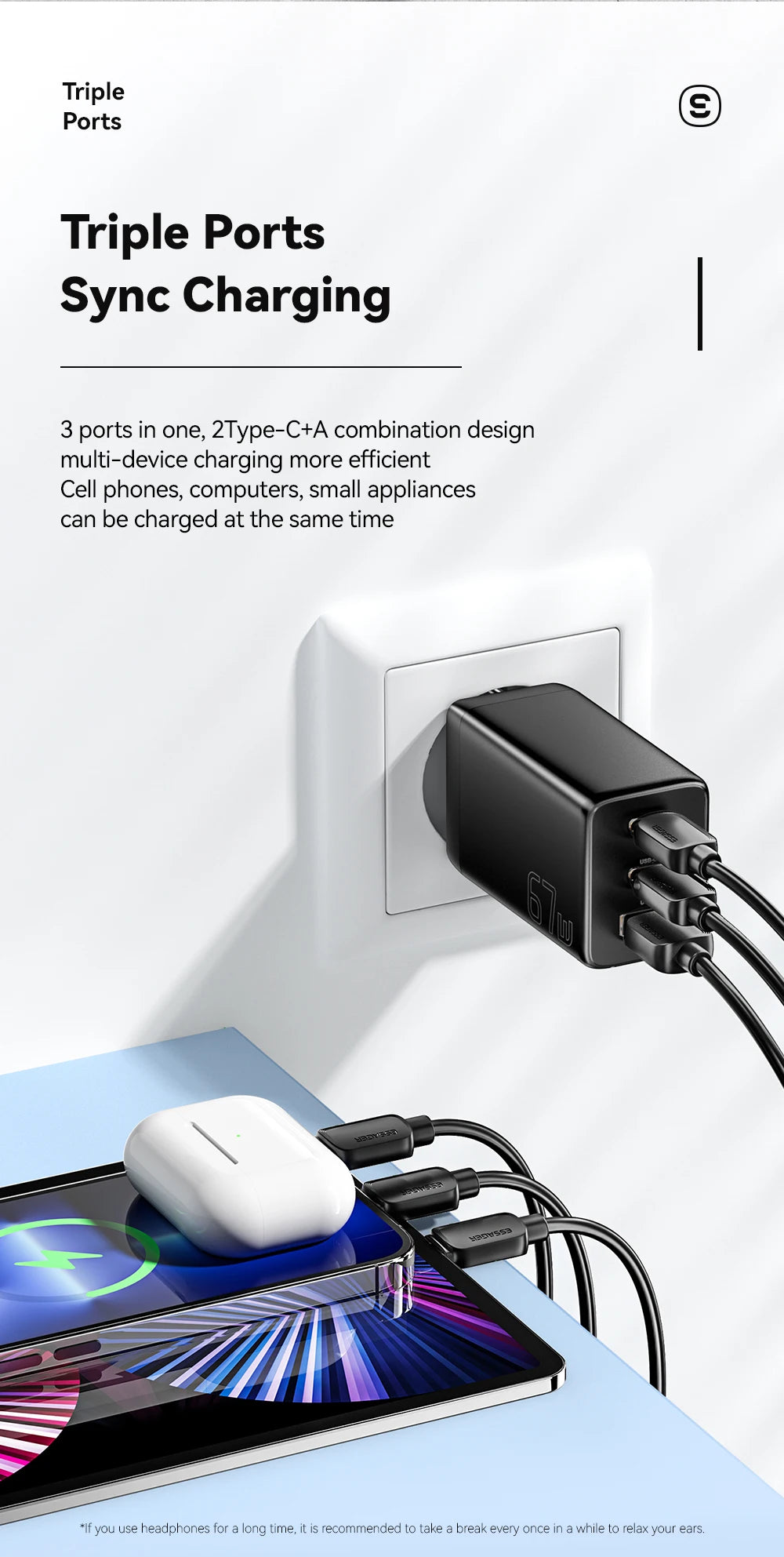 67W GaN 3-Port USB-C Fast Charger - Universal PD & QC Wall Adapter - 9