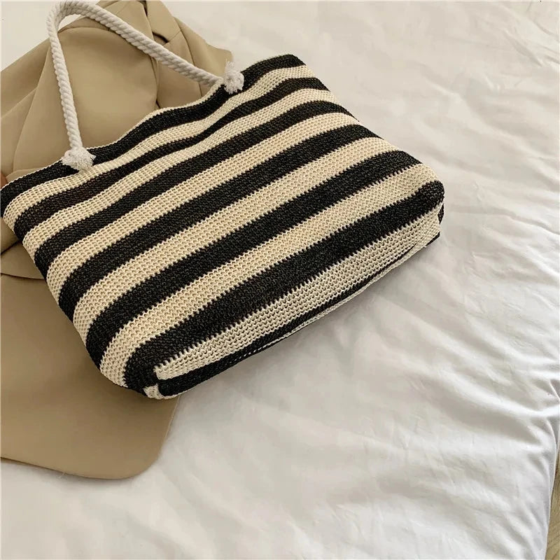 Luxury Striped Straw Beach Tote