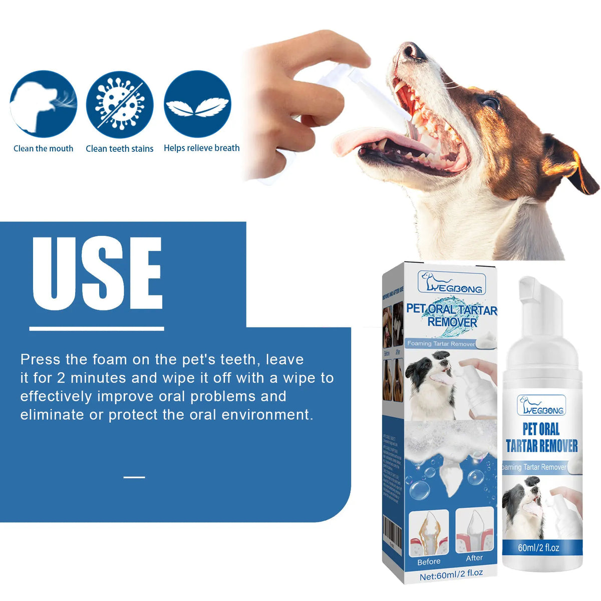Dog Oral Dental Foam Cleaner - Tartar Plaque Remover & Teeth Whitening