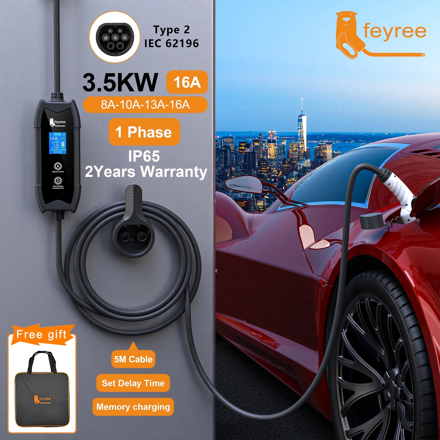 Portable 3.5KW EV Charger - 16A Adjustable Electric Vehicle Charging Cable