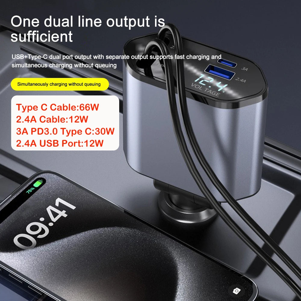 4-in-1 Retractable Car Charger - 120W Fast Charging with Voltage Display for iPhone & Samsung - 2