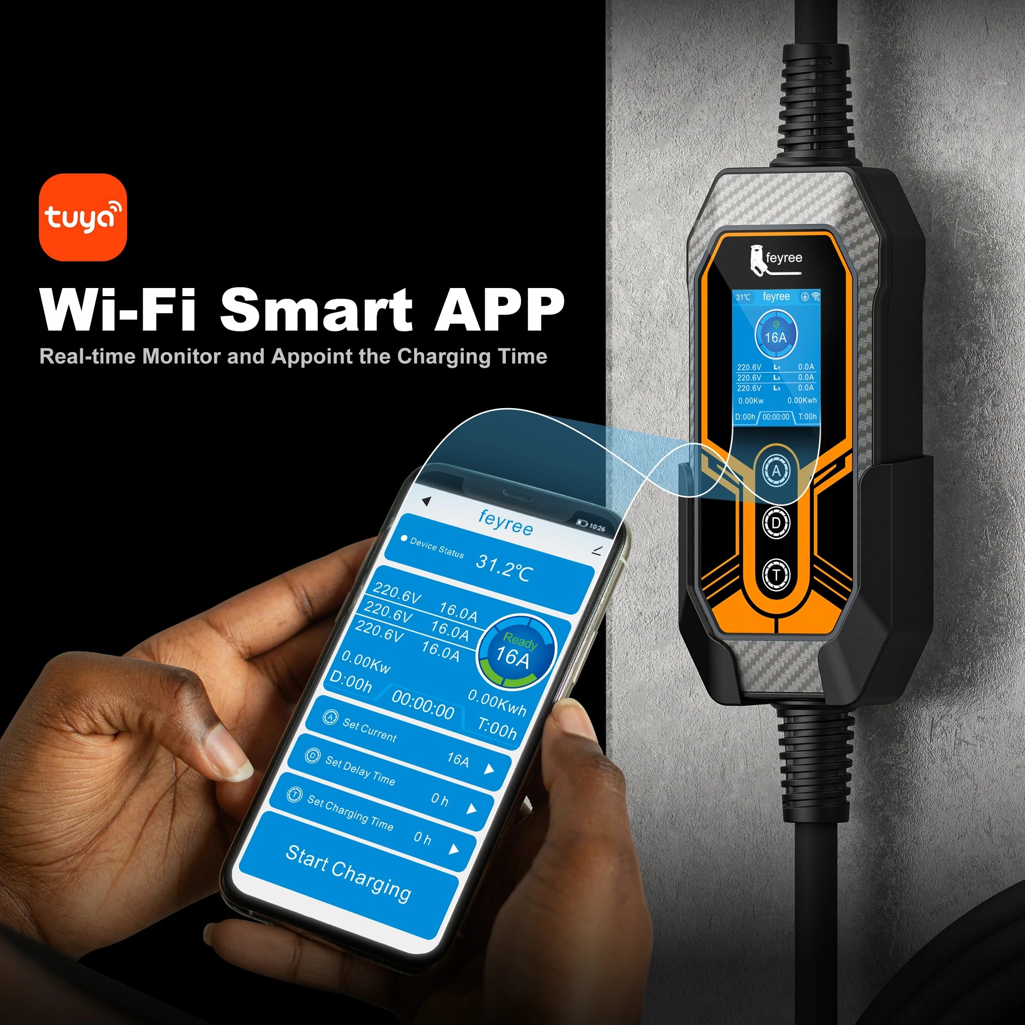 11KW Type 2 Portable EV Charger - 3 Phase Smart WiFi Charging Station - 16