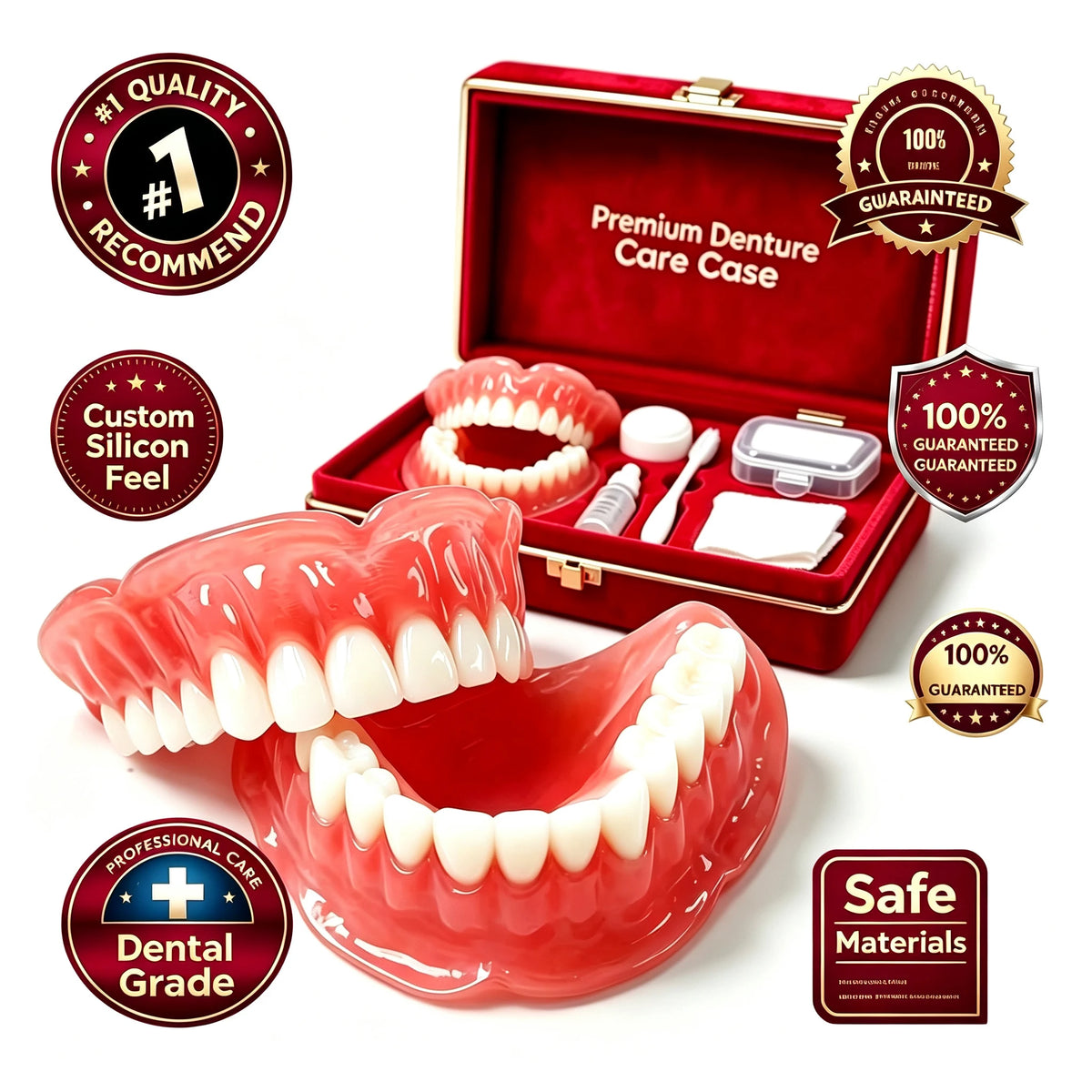 Comfort Fit Silicone Dentures - Full Mouth Dental Care Set with Storage Case