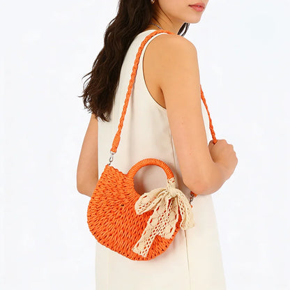Luxury Lace Bow Straw Bag
