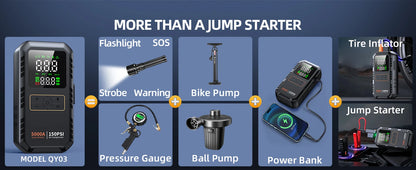 4-in-1 Portable Car Jump Starter with Tire Inflator & 150PSI Air Compressor