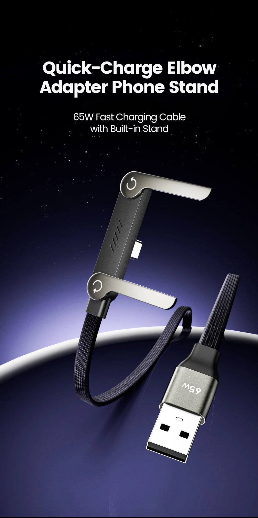 65W Fast Charging USB-C Cable with Built-In Foldable Phone Stand
