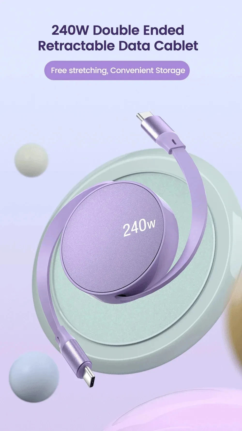 240W Retractable USB-C to USB-C Fast Charging & Data Cable - 7