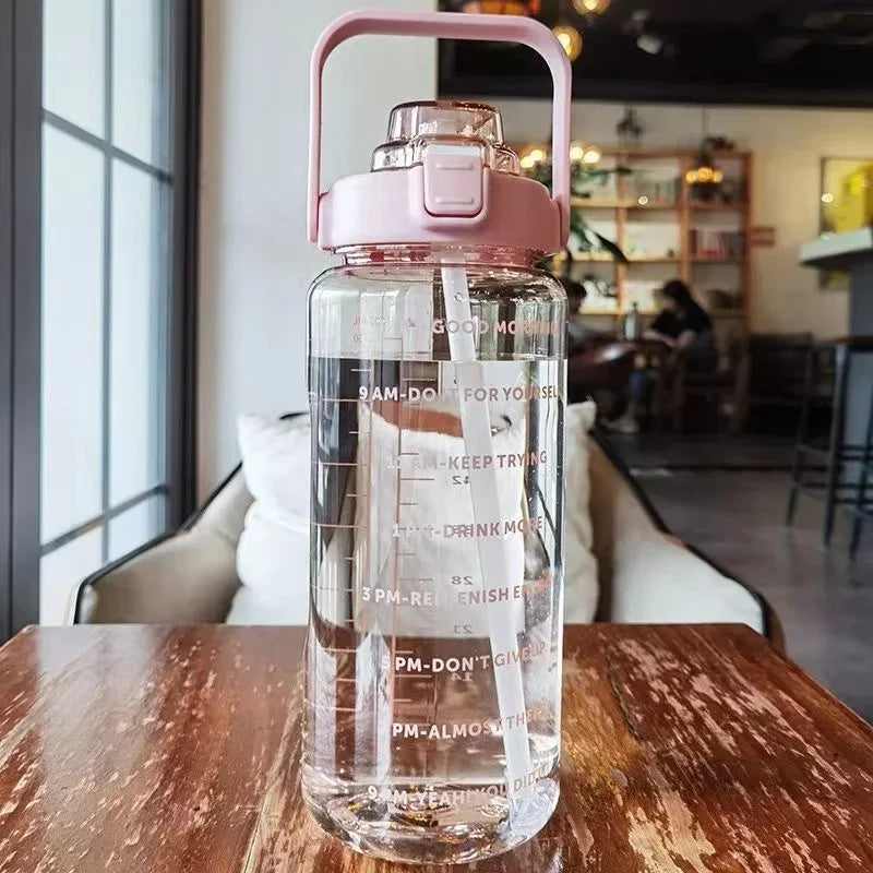 2L Large Motivational Water Bottle with Straw & Time Markers for Fitness