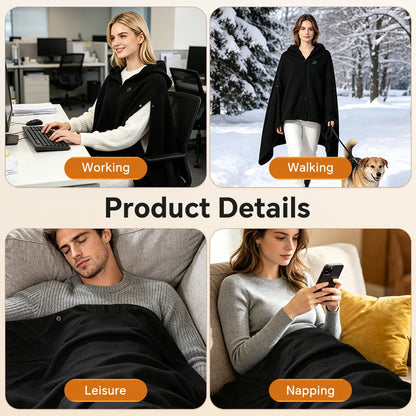 Graphene Heated Hooded Wearable Shawl Blanket with 3 Adjustable Temperature Settings