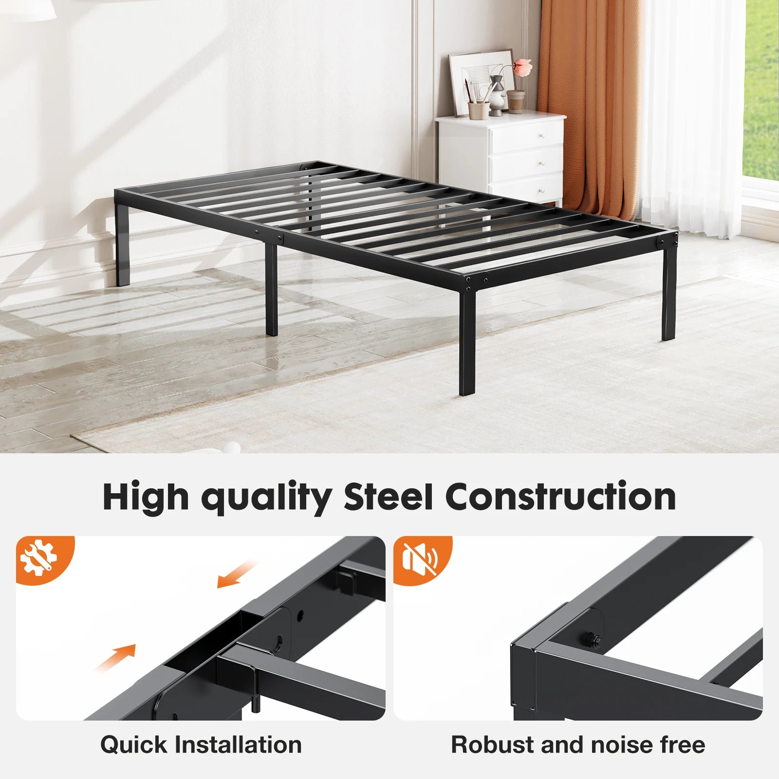 Heavy-Duty Metal Platform Bed Frame - Sturdy Steel Slat Support - 16