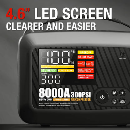 8000A Portable Car Jump Starter with Built-in Tire Air Compressor