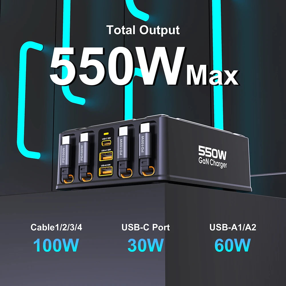 550W 7-in-1 GaN Fast Charging Station with 4 Built-in Retractable Cables