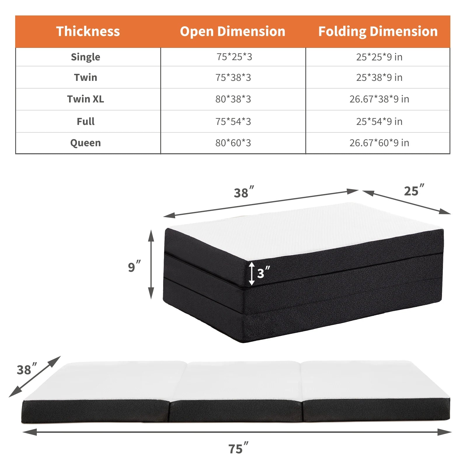 Portable Tri-Fold Memory Foam Mattress - Foldable Floor Bed for Guest & Travel - 21