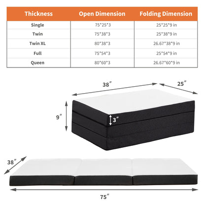 Portable Tri-Fold Memory Foam Mattress - Foldable Floor Bed for Guest & Travel