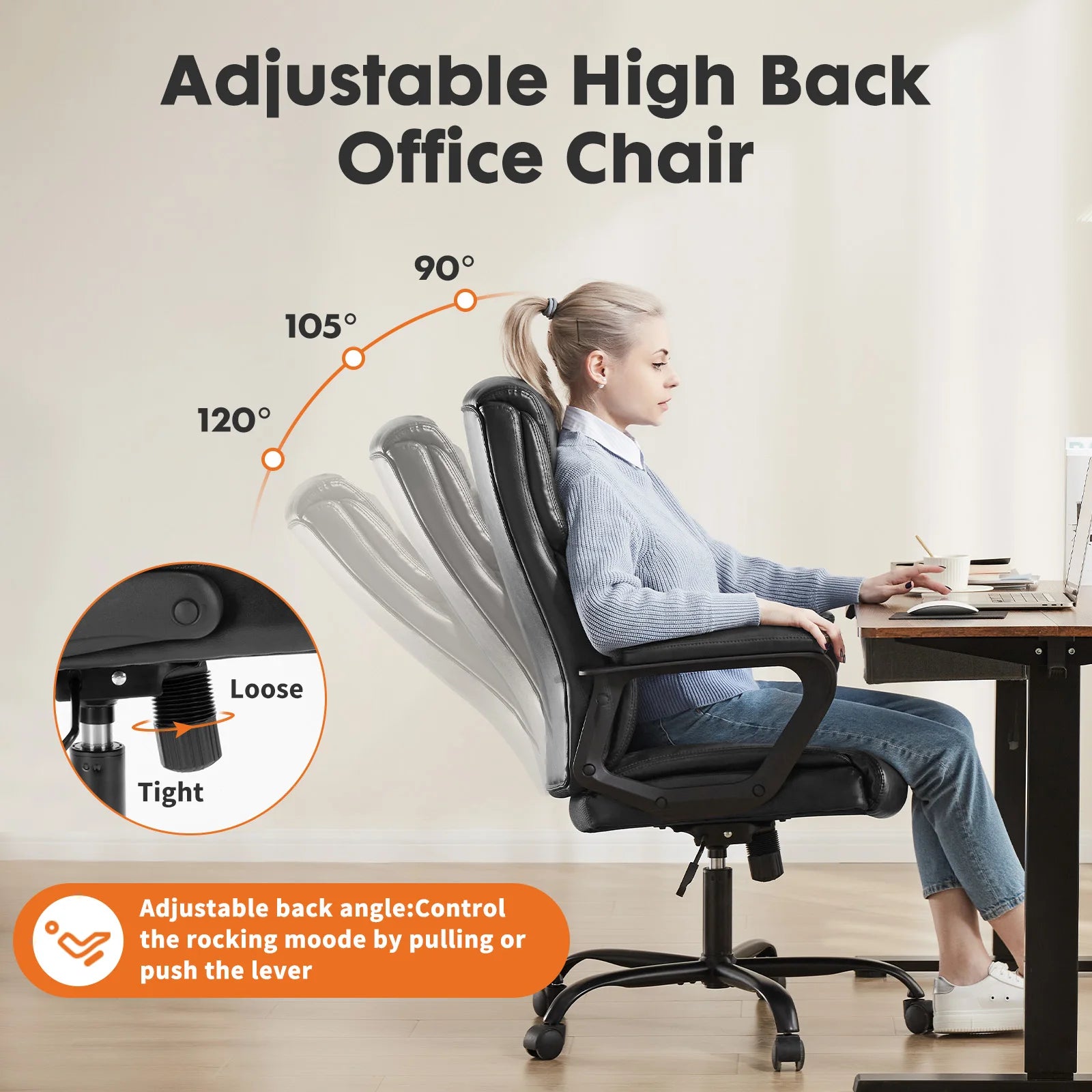 Ergonomic PU Leather Office Desk Chair with Flip-Up Arms & Lumbar Support - 15