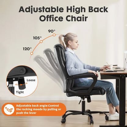 Ergonomic PU Leather Office Desk Chair with Flip-Up Arms & Lumbar Support