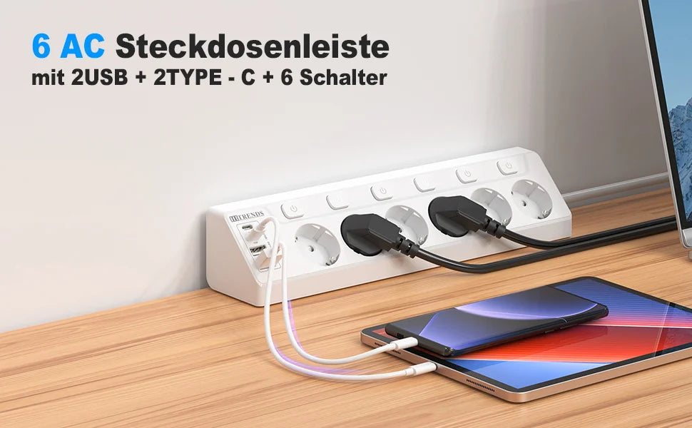6-Outlet European Power Strip with 4 USB Fast Charging Ports & 2m Cord
