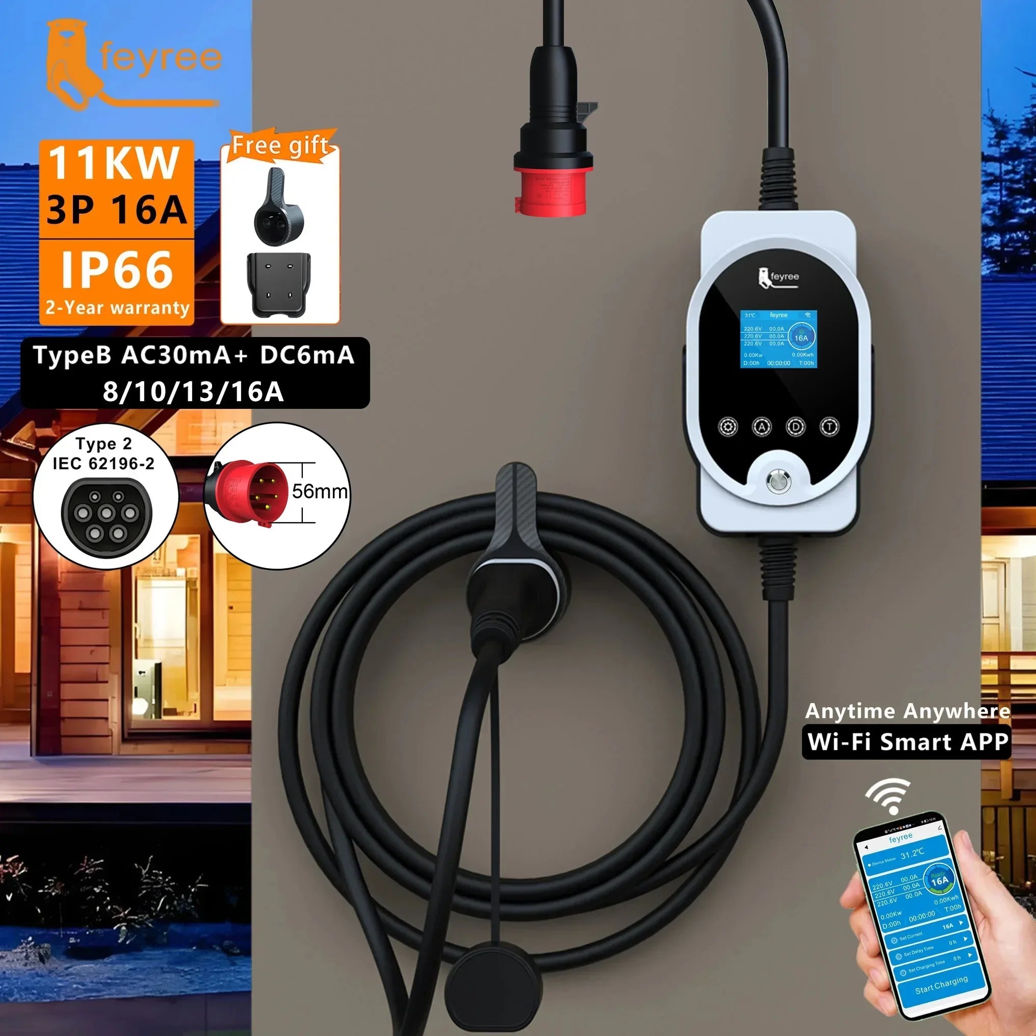 11KW Type 2 Smart EV Wallbox Charger - Portable 3-Phase Electric Car Station - 1