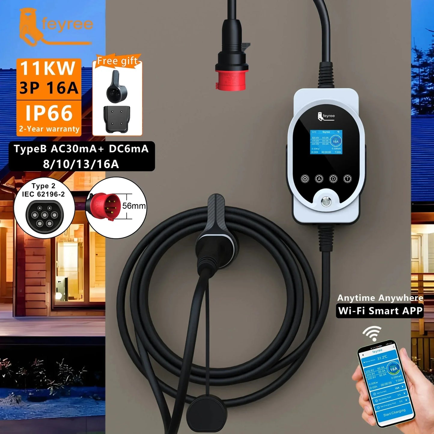 11KW Type 2 Smart EV Wallbox Charger - Portable 3-Phase Electric Car Station