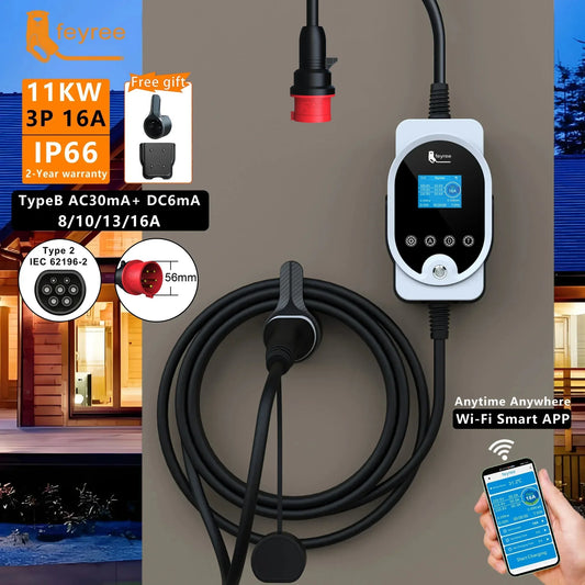 11KW Type 2 Smart EV Wallbox Charger - Portable 3-Phase Electric Car Station