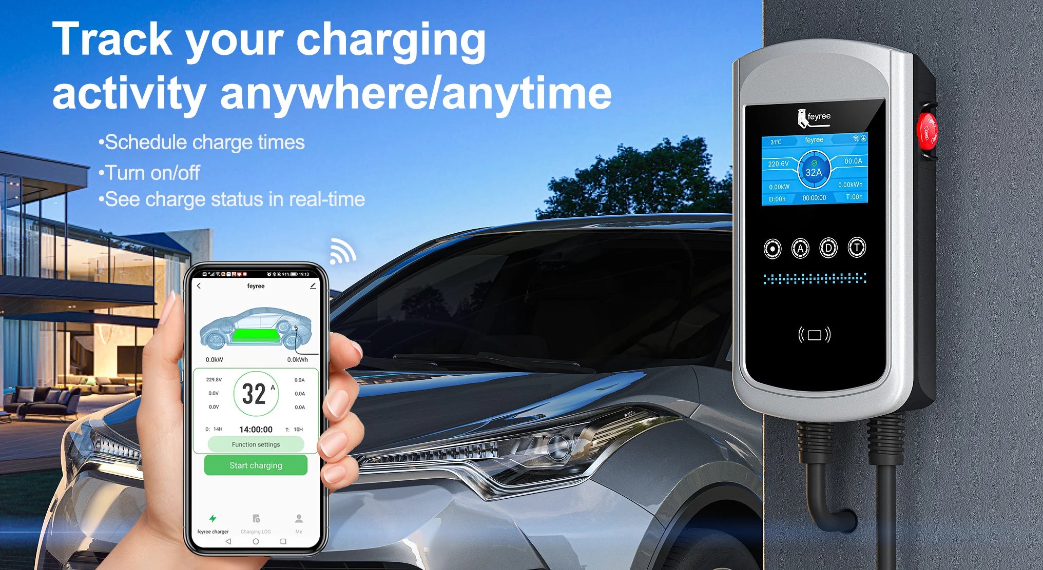 Feyree Smart EV Charging Station - WiFi App Control & Dynamic Load Balancing - 26