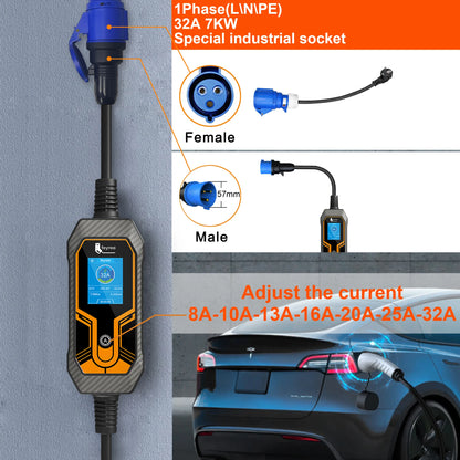 7KW Portable EV Charger Type 2, Adjustable 32A Electric Car Charging Cable